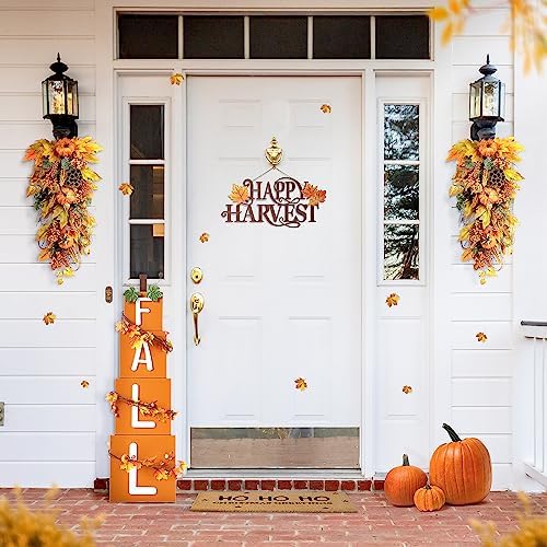 Glitzhome 2Pcs Fall Pumpkin Leaf Swag with Grapevine Base, Faux Berries and Lotus Pod Ornament, 25" H Autumn Maple Leaves Swag for Fall Wall Decor