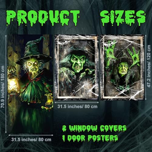 Fanfanwin 3 Pcs Halloween Door Window Cover Set Scary Decor, Witch