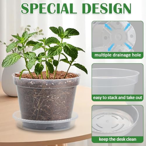 12 Pack 7 Inch Clear Nursery Pots with Saucer, Transparent Plastic Plant Pots with Drainage Holes, Sturdy Plant Starter Pots, Planter Pot for Planting Succulent Flower Herb Vegetable, Gardening Gifts