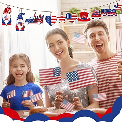 Qunclay 36 Pcs Patriotic Ornaments for Christmas Tree Wooden 250th Anniversary Tree Decorations Red White Blue Gnome Star Truck Hanging Ornament for 4th of July Veterans Day Home Party Decor