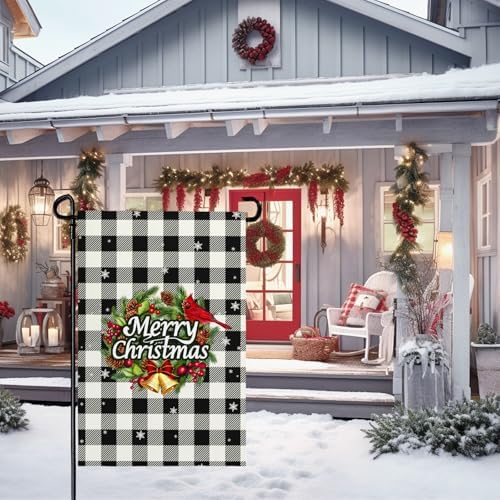 Xmas Garden Flag 12x18 Inch Black White Buffalo Plaid Small Flags for Outside Winter Holiday Welcome Garden Flags Double Sided Christmas Decor for Outdoor Garden Yard