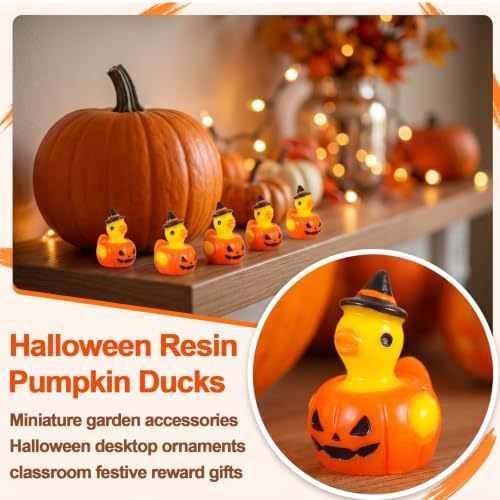 JUNEBRUSHS 50Pcs Mini Resin Ducks Halloween Tiny Pumpkin Ducks Figures