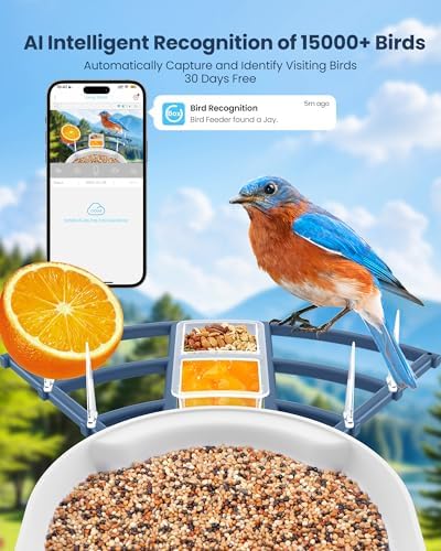 Smart Bird Feeder with Camera, AI Bird Identification, Solar Powered Wireless Outdoor Bird Watching Camera, Auto Capture Video & Instant Notifications for Bird Lovers