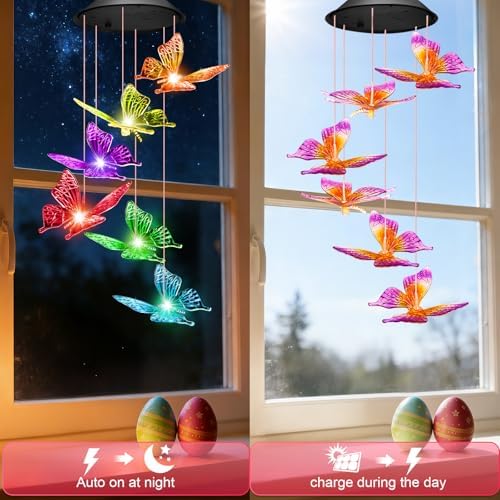 Winzwon Solar Wind Chimes, Christmas Gardening Butterfly Gifts for Women