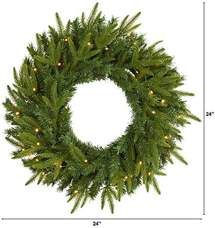 Nearly Natural 24 in Artificial Long Pine Wreath with 35 Clear LED Lights