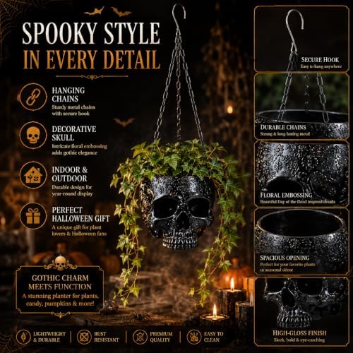 Halloween Trick Or Treat Skull Candy Bowl Hanging Gothic Skeleton Black Pot