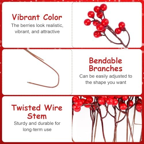 24 Pack 7.6" Red Berry Stems, Holly Berry Stems, Artificial Berry Picks