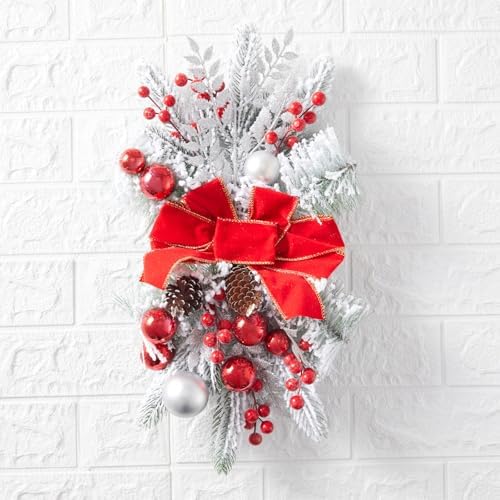 Christmas Swag Wreath for Staircase, Christmas GlitterTeardrop Decorations with Bow Swag Trim for Front Door Wall Window Indoor Outdoor (Red, 45cm*20cm)