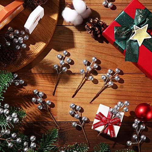 360 Pieces Artificial Holly Berries Christmas Winter Fake Berries Bunch Faux Cranberries Bunch on 60 Stems for Table Centerpiece(Silver)