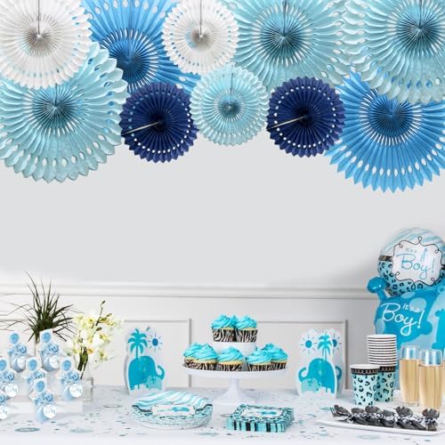Blue Honeycomb Paper Fan Decorations Royal Blue Hanging Decor 10Pcs