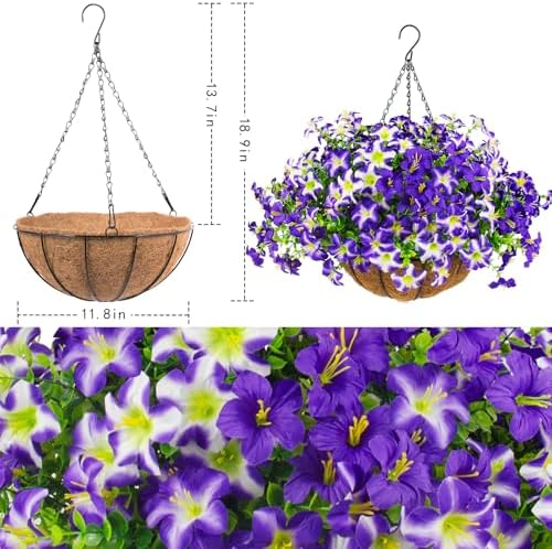 2 Set Artificial Petunias Flowers with Hanging Baskets, 24 Pcs Silk Petunia UV Resistant Purple Faux Petunias Flowers with Hanging Planter for Front Door Porch Spring Outside Decor (2, Purple)