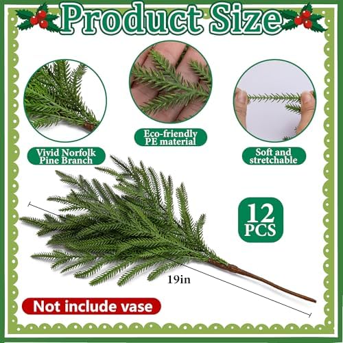 15 Pcs Christmas Norfolk Pine Branches Red Berry Stem Faux Christmas Sprigs