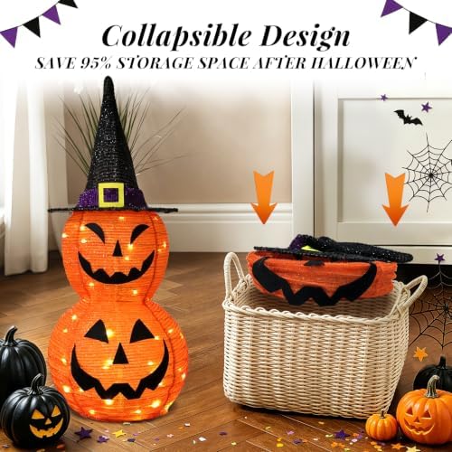 Halloween Decorations Lighted Jack‑O'‑Lantern Pumpkin with Witch Hat, Collapsible LED Light Up Pumpkin with Timer Battery Operated, Halloween Yard Porch Indoor Outdoor Garden Pathway Holiday Decor