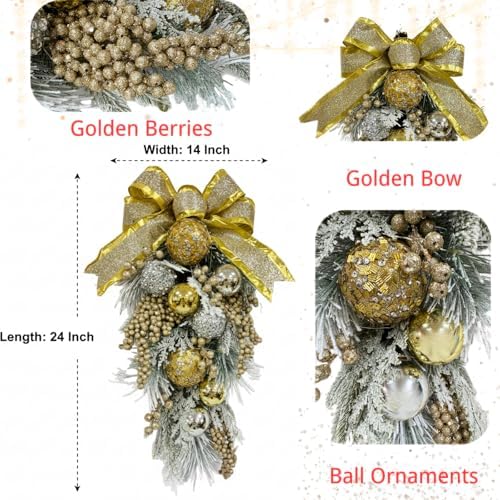 24 Inch Lighted Christmas Teardrop Wreath with Timer and Ornaments