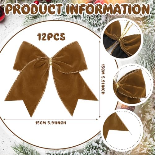 Janinka 12 Pcs Brown Christmas Velvet Bows 6" Rustic Tree Wreath Gift