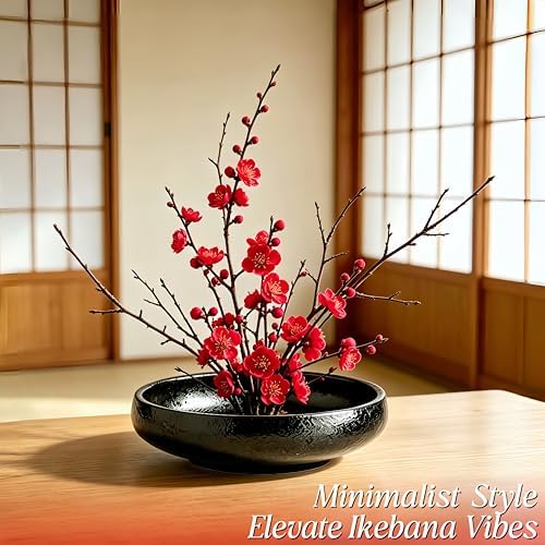 Japanese Ikebana Vase Kit, Flower Shallow Container Ceramics Ikebana Vase with 1.57inch Flower Frog and Floral Frog Floristry Kenzan Needle Straightening Tool (Frosted Bowl A with Spots)