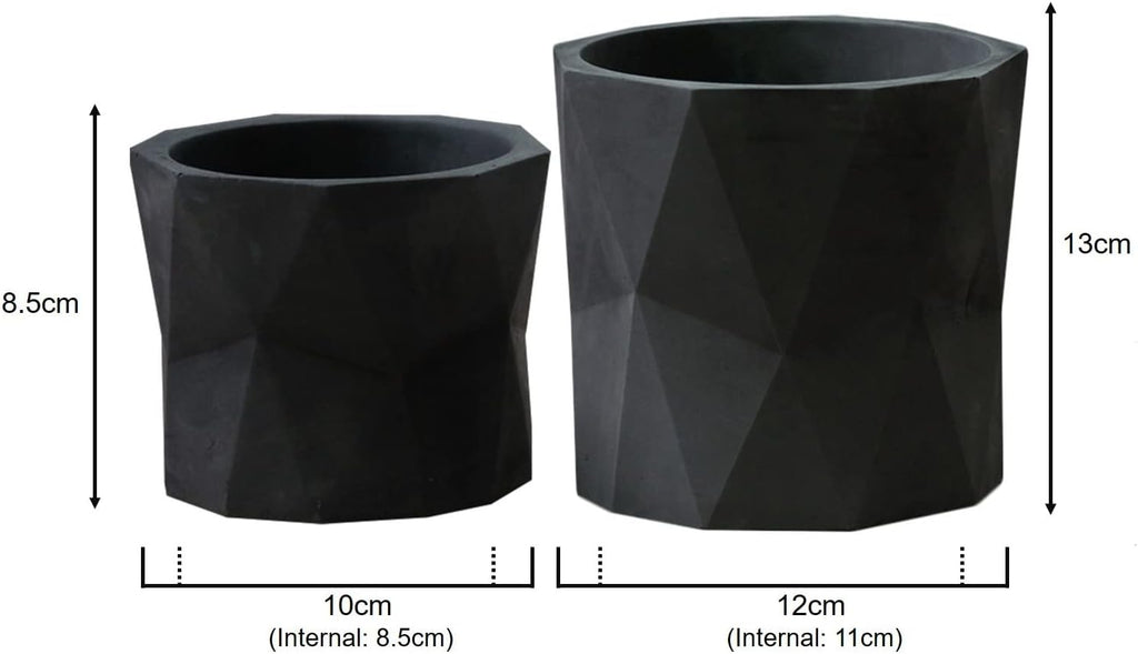 Olly & Rose Designer Geometric Ceramic Black Plant Pot Succulent Pots Cactus Planters Set 2 Indoor Outdoor Small Flower