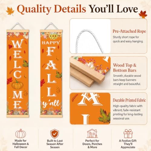 Welcome Fall Door Banner Set of 2, Pumpkin Harvest Porch Decor for Home