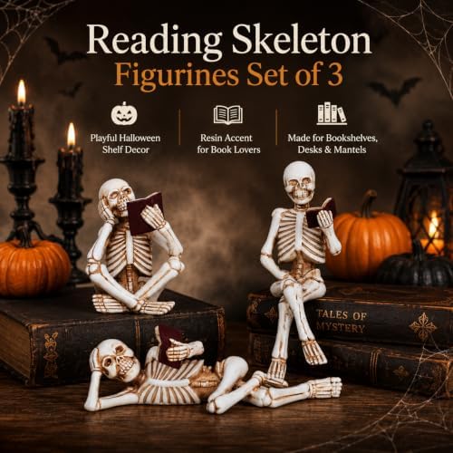 Dlfghos 3 Pieces Halloween Skeleton Statue Halloween Skull Figurine Home Decor Reading Skeleton Figurines Decorations for Indoor Fireplace Home Kitchen Desk Office Party