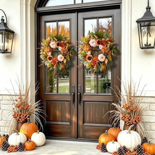 24 Inch Harvest Fall Wreaths for Front Door Outside with Sunflowers,Peony