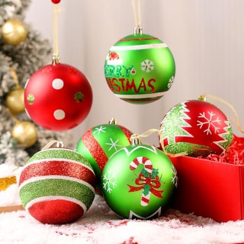 Lanpn 6Pcs 4" Large Outdoor Christmas Ornaments, Xmas Tree Elf Swirl Ball Decoration, Big Red Green Christmas Ornament, Giant Glittering String Ball Plastic Hanging Decor for Yard Lawn Holiday Party