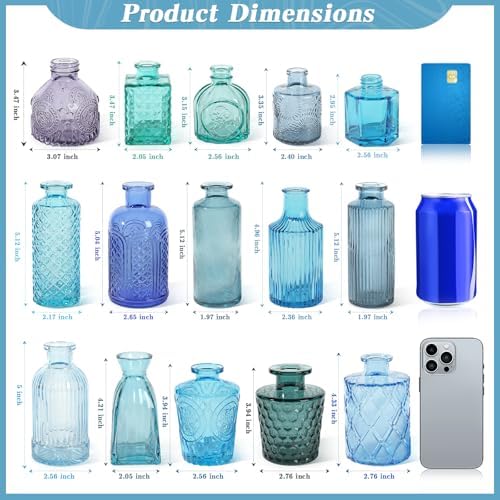 Set of 15 Blue Glass Bud Vases Small Textured Flower Vases