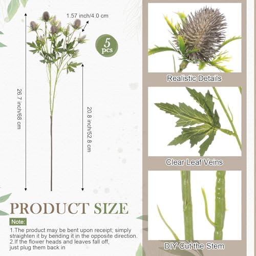 XunYee 50 Heads Artificial Thistle Flowers 5 Bundles Blue Faux Thistle Eryngium Spray with Stems 27'' Sea Holly Floral Branches for Wedding Bouquets Centerpieces Party Home Decor