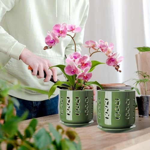 BUYMAX 5&6 Inch Ceramic Orchid Pots with Holes & Trays Root Care Planter