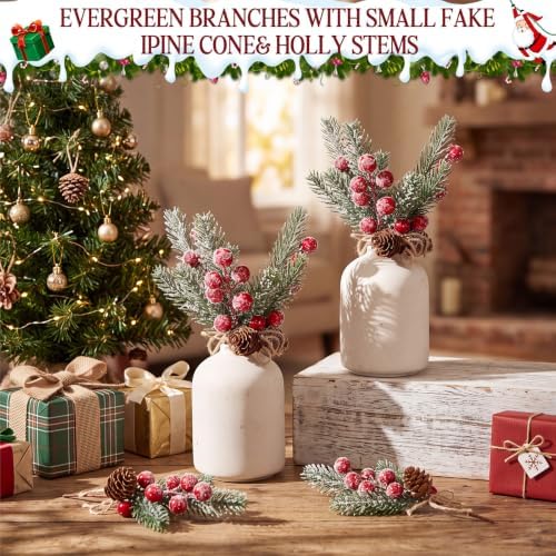 Sanwuta 40 Pcs Christmas Berry Pick with Pinecone, Frosted Red