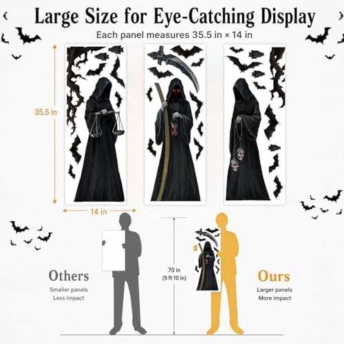 Halloween 3 Sheet Large Window Cling Grim Reaper Bat Decals Stickers Decor
