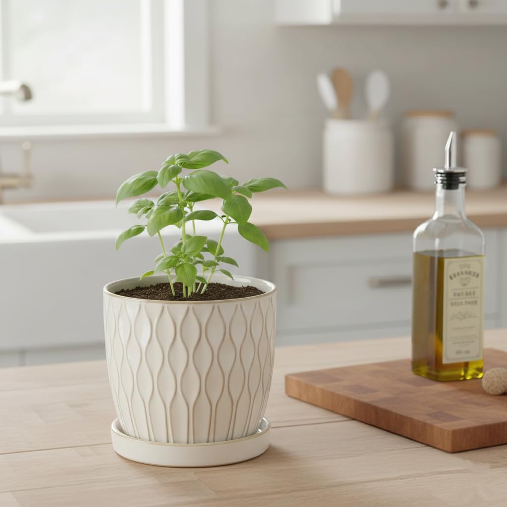 Nihow Ceramic Plant Pots with Drainage Hole & Saucer, 4.75 Inch, White-3 | Small,Embossed Design, For Succulent