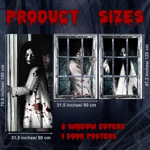 Fanfanwin 3 Pcs Halloween Door Window Cover Set Scary Decor, Female Ghost