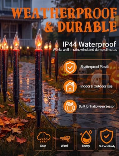 Abeja Halloween Pathway Lights, 19.5FT C18 Flicker Flame Candles, 10 Stakes