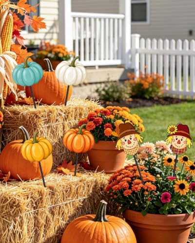 6 Pcs Fall Outdoor Decor Garden Stakes Pumpkin Scarecrow Metal Yard Sign Autumn Yard Stakes Thanksgiving Decorations for Planter Lawn Patio
