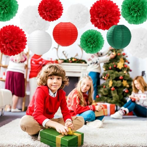 Red-Green White Party-Decorations Christmas Flowers Lanterns - 15PCS Italian Mexican Independence Day Paper Tissue Pom Poms Streamers,Mexico Italy Birthday Baby Shower Wedding Hanging Decor Hugfond