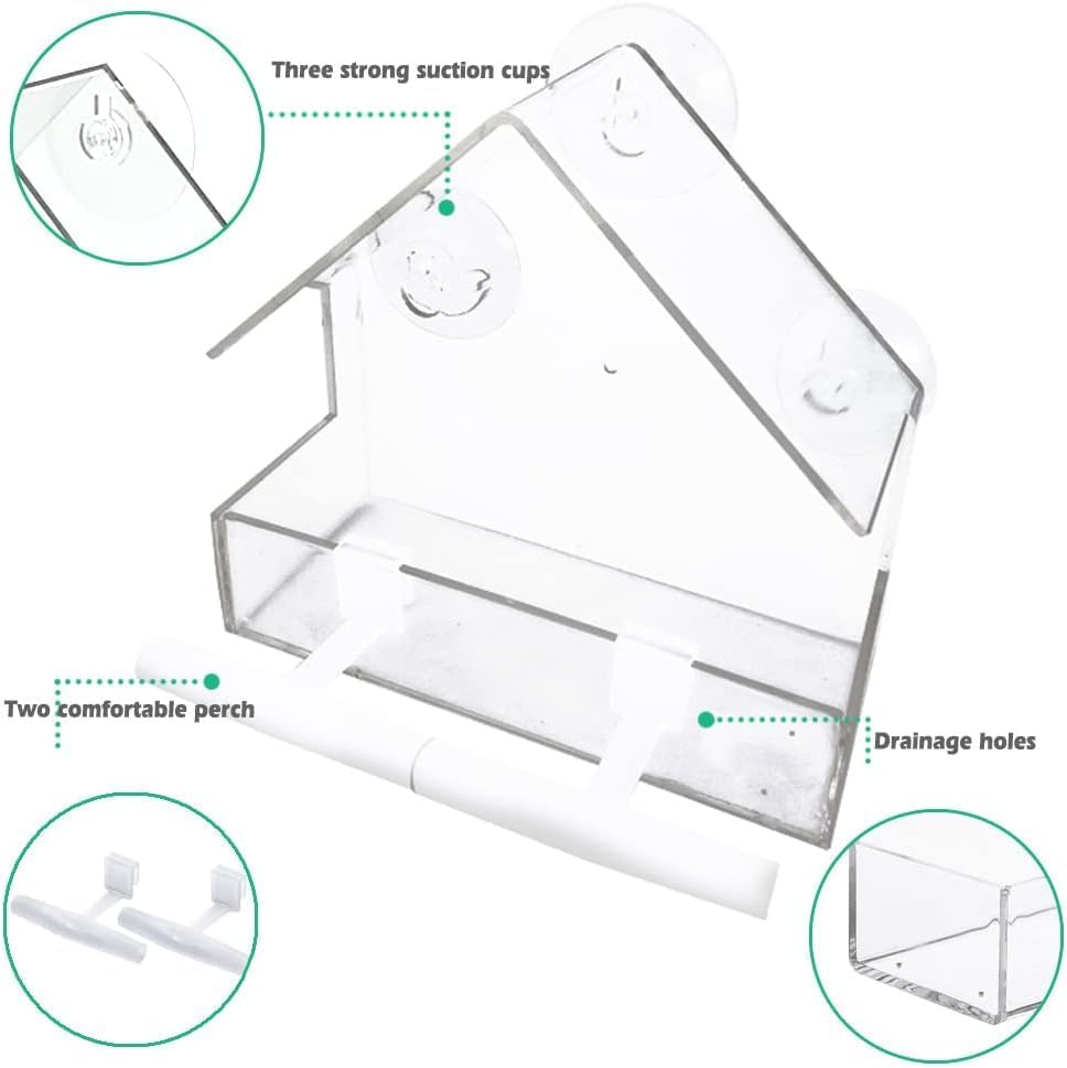 Window Bird Feeder 2 Pack, Bird House for Outside with 2 Rod, Small Acrylic Window Bird Feeder with Strong Suction Cups and Drain Holes 5.9 * 2.4 * 5.9 inch