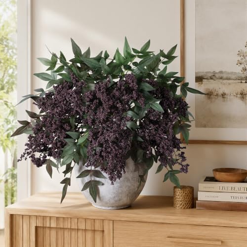 Artificial Plants Indoor 3 Pcs 35 Inch Faux Berry Stems for Vase Artificial Flowers Indoor for Wedding Holiday Seasonal Farmhouse Mantel Table Centerpiece Dark(Purple)