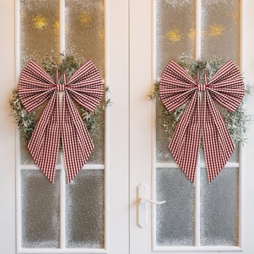 Suncalla 2 Pcs Red White Christmas Plaid Wreath Bows 18'' x 12''