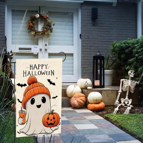 Halloween Ghost Garden Flag 12x18 Vertical Double Holiday Outside Decorations Burlap Yard Flag Spooky Pumpkin Seasonal Holiday Flag Farmhouse Yard Outdoor Flag Seasonal Welcome Yard Outdoor Flag Outdoor Decoration