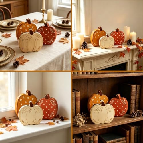 Fall Decorations Set of 3 Wooden Pumpkins - Farmhouse Rustic Autumn Harvest Thanksgiving Tiered Tray Decor for Table Mantel Shelf Indoor Home Decor