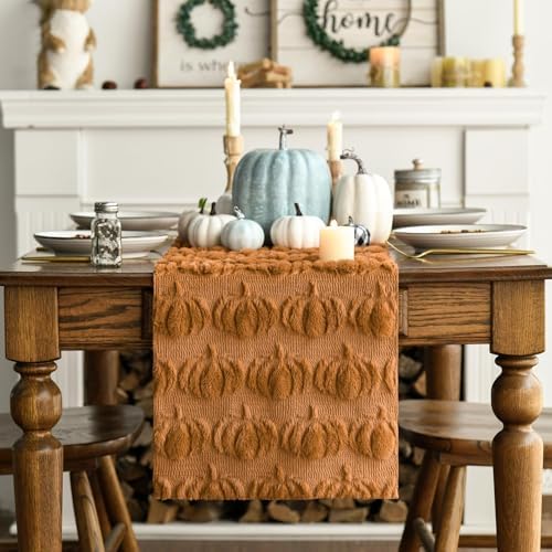 Artoid Mode Caramel Soft Faux Fur Pumpkins Fall Table Runner 13x60 Inch
