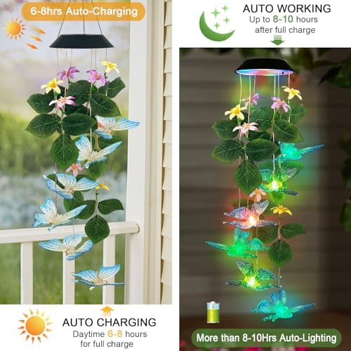 Solar Butterfly Wind Chime Mobile Lights,Color Changing LED Dangler Outside