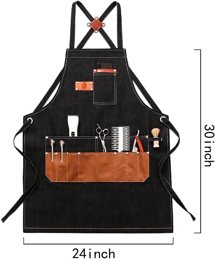 Denim Apron with Big Pockets Adjustable Cooking Apron Jean for Hair Stylist Gardening Craftsmen Barista Hairdresser