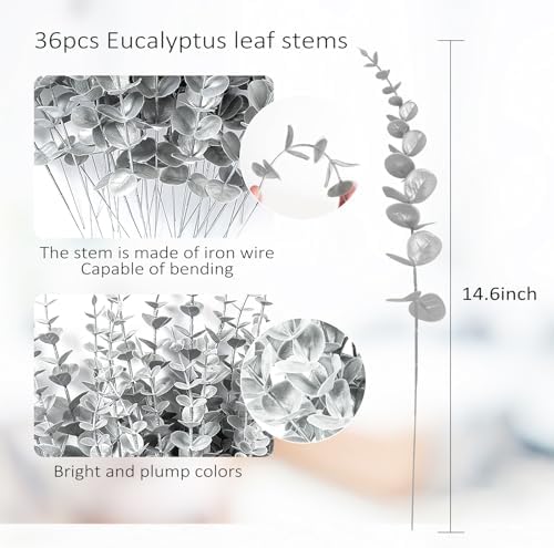RECUTMS 36Pc Artificial Silver Eucalyptus Leave Stems 14.6in Christmas Pick
