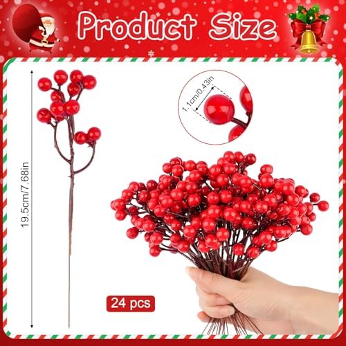 24 Pack 7.6" Red Berry Stems, Holly Berry Stems, Artificial Berry Picks
