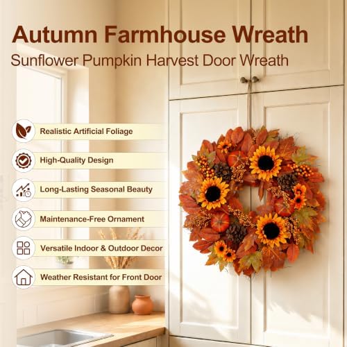 26" Fall Wreaths for Front Door Outside Sunflower Autumn Wreath