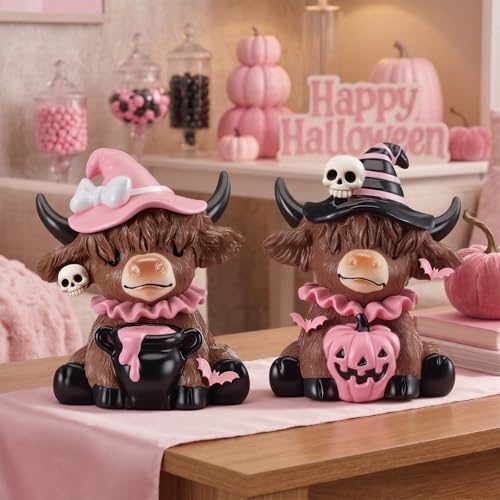 Karenhi 2 Pcs Pink Halloween Cow Figurines Resin Statues Tabletop Desk