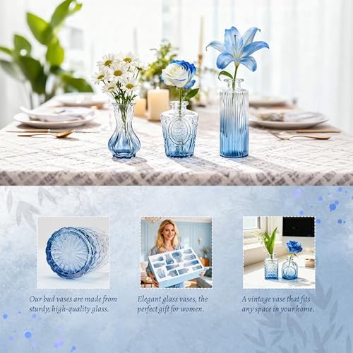 Der Rose 12pcs Glass Bud Vases, Blue Vases for Wedding Centerpieces Decor