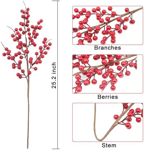 Mklsit 6 Pack Artificial Red Berry Stems 25.2", Long Christmas Red Berries