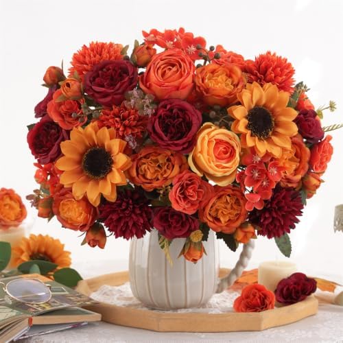 8 Pcs Mixed Autumn Artificial Peony Flower Set-4 Bouquets & 4 Stems, Burnt Orange Wine Red Fake Peony Sunflower Silk Flower for Fall Table Centerpiece Farm Wedding Thanksgiving Halloween Home Decor
